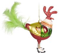 BRUBAKER Rooster in Christmas Suit - Glitter Chicken with Feathers - Festive Glass Bauble - Hand-Painted and Mouth-Blown - Humorous Tree Decoration Figure - Funny Hanging Ornament - 7.1 inches (18 cm)