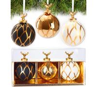 BRUBAKER Set of 3 Glass Christmas Baubles - Gold Set with Porcelain Deer Head Figures - Premium Tree Baubles with Leaf Design - Hand Painted Christmas Decoration - 3.1 inches (8 cm) Christmas Balls