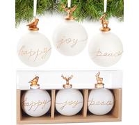 BRUBAKER Set of 3 Glass Christmas Baubles - Happy Joy Peace - Premium Tree Baubles with Porcelain Figurine - Modern Hand Painted Christmas Decoration - 3.1 inches (8 cm) White Christmas Baubles