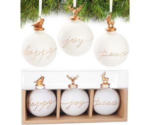 BRUBAKER Set of 3 Glass Christmas Baubles - Happy Joy Peace - Premium Tree Baubles with Porcelain Figurine - Modern Hand Painted Christmas Decoration - 3.1 inches (8 cm) White Christmas Baubles