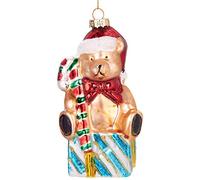 BRUBAKER Teddy with Candy Cane and Gift - Handpainted Glass Christmas Bauble - Mouthblown Christmas Tree Decoration Figures Funny Decoration Pendant Tree Ball - 5.1 inches (13 cm)