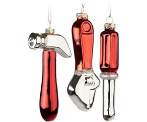 BRUBAKER Tool Set - Set of 3 Glass Christmas Baubles - Screwdriver, Hammer and Wrench - 12 cm Tool Tree Baubles for Craftsmen - Mouth-Blown and Hand-Painted - Red