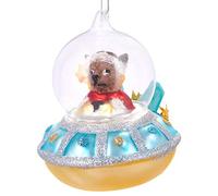 BRUBAKER Ufo with Christmas Dog Blue - Handpainted Glass Christmas Bauble - Mouthblown Christmas Tree Decoration Figures Funny Decoration Pendant Tree Ball - 4 inches (10 cm)