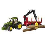 Bruder 03154 - John Deere 7R 350 with Back Trailer & 4 Tree Trunks - 1:16 Farm Agriculture Forestry Forestry Tractor Bulldog Wood Transporter Toy Vehicle