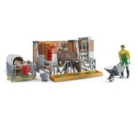 Tiere 62611 - Bworld Cow and Calf Hutch with Farmer & Accessories - 1:16 Agriculture Farm Stable Bull Animals Toy, Multicoloured