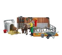 Tiere 62611 - Bworld Cow and Calf Hutch with Farmer & Accessories - 1:16 Agriculture Farm Stable Bull Animals Toy, Multicoloured