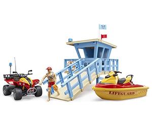 Bruder bworld Lifeguard Station Playset with Quad Bike, PWC Rescue Watercraft & Figures - 1:16 Beach Rescue Toy for Kids 4+
