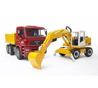 Bruder MAN TGA dump truck and Liebherr excavator 912 model toy construction site
