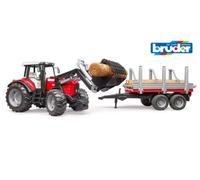 Bruder Massey Ferguson 7480 With Frontloader And Timber Trailer Construction Loader Model