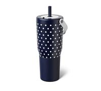 BrüMate Resa 35oz 100% Leakproof Tumbler w/Handle & Straw | Flexible SoftSip Straw | Silicone Sleeve for Durability | Stainless Steel | Cup Holder & Travel Friendly Water Bottle (Navy Polka Dots)