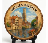 Bruges Souvenir Gift - Wood Slice Plaque for Wall or Table, Belgium (België) Souvenir Gift for Tourists, Plate Collectors & Travel Lovers, Enchanting Canals Decorative Gift