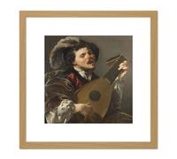 Brugghen Man Playing Lute Painting 8X8 Inch Square Wooden Framed Wall Art Print Picture with Mount Artery8 Light Oak One Size