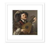 Brugghen Man Playing Lute Painting 8X8 Inch Square Wooden Framed Wall Art Print Picture with Mount Artery8 White One Size