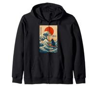 BRUH Great Wave Kanagawa Funny Japanese Surfing Cat Zip Hoodie