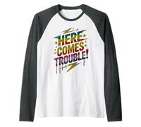 Bruh HERE Comes Trouble Kids Teacher Race On Games Begin Fun Raglan Baseball Tee