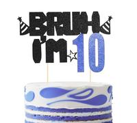 Bruh I'm 10 Cake Topper, Glitter Black & Blue Design Happy Birthday Cake Topper Funny Birthday Party Decoration Supplies and Favors for Boys(10th)