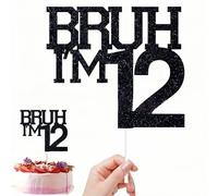 Bruh I'm 12 Cake Topper for Boys and Girls,Black & Gold Glitter Birthday Decoration with Sparkle Letters,Funny 12th Party Supplies,Number Thirteen Cake Topper for Anniversary,Stands in Cakes