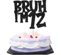 BRUH I'M 12 Cake Topper, Funny 12th Birthday Cake Decoration, Black Glitter Cardstock Topper with Paper Stick, Pre-Assembled Boys Girls Party Supplies, Twelfth Bday Décor