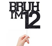 Bruh I'm 12 Cake Topper, It's My Birthday Bro, Cheers to 12 Years/Official Teenager for Big Brother, Happy 12th Birthday Party Decorations Supplies for Kids Boys, Black Glitter (12)