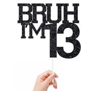 Bruh I'm 13 Cake Topper, It's My Birthday Bro, Cheers to 13 Years/Official Teenager for Big Brother, Happy 13th Birthday Party Decorations Supplies for Kids Boys, Black Glitter (13)