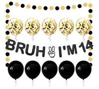 Bruh I'm 14 Banner 14th Birthday Party Decorations Black Glitter Banner 10 Balloons 2 Meters Black And Yellow Small Round Pieces Suitable For Funny Party Decorations