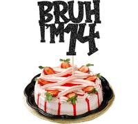 BRUH I'M 14 Cake Topper, Funny 14th Birthday Cake Decoration, Black Glitter Cardstock Topper with Paper Stick, Pre-Assembled Boys Girls Party Supplies, Fourteenth Bday Décor