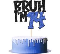 BRUH I'M 14 Cake Topper, Funny 14th Birthday Cake Topper for Boys, Black & Blue Glitter Birthday Cake Decoration, Pre-Assembled Cardstock Topper with Food Grade Paper Stick