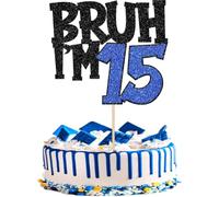 BRUH I'M 15 Cake Topper, Funny 15th Birthday Cake Topper for Boys & Girls, Black & Blue Glitter Birthday Cake Decoration, Pre-Assembled Cardstock Topper with Food Grade Paper Stick