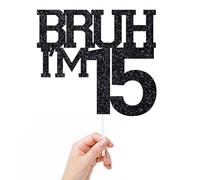 Bruh I'm 15 Cake Topper, It's My Birthday Bro, Cheers to 15 Years/Official Teenager for Big Brother, Happy 15th Birthday Party Decorations Supplies for Kids Boys, Black Glitter (15)