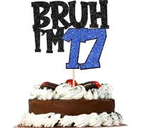 BRUH I'M 17 Cake Topper, Funny 17th Birthday Cake Topper, Black & Blue Glitter Birthday Cake Decoration, Pre-Assembled Cardstock Topper with Food Grade Paper Stick for Boys Girls