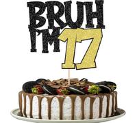 BRUH I'M 17 Cake Topper, Funny 17th Birthday Cake Topper, Black & Gold Glitter Birthday Cake Decoration, Pre Assembled Cardstock Cake Topper with Food Grade Paper Stick for Boys Girls
