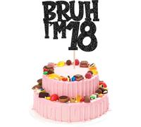 BRUH I'M 18 Cake Topper, Funny 18th Birthday Cake Decoration, Black Glitter Cardstock Topper with Paper Stick, Pre-Assembled Boys Girls Party Supplies, Eighteenth Bday Décor