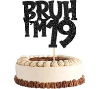 BRUH I'M 19 Cake Topper, Funny 19th Birthday Cake Decoration, Black Glitter Cardstock Topper with Paper Stick, Pre-Assembled Boys Girls Party Supplies, Nineteenth Bday Décor