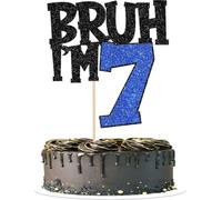 BRUH I'M 7 Cake Topper, Blue & Black Glitter 7th Birthday Cake Topper, Funny Birthday Cake Decoration, Pre-Assembled Glitter Cardstock with Food Grade Paper Stick for Boys Party