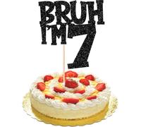 BRUH I'M 7 Cake Topper, Funny 7th Birthday Cake Decoration, Black Glitter Cardstock Topper with Paper Stick, Pre-Assembled Boys Girls Party Supplies, Seventh Bday Décor