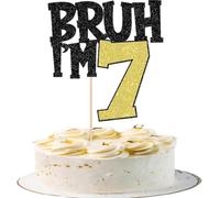BRUH I'M 7 Cake Topper, Funny 7th Birthday Cake Topper, Black & Gold Glitter Birthday Cake Decoration, Pre Assembled Cardstock Cake Topper with Food Grade Paper Stick for Boys Girls