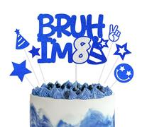 Bruh I'm 8 Cake Topper, Happy 8th Birthday Cake Topper, Blue Silver Glitter Cake Decoration, 8 Cake Topper, Birthday Party Cake Decor Supplies for Boys Girls 8 Years Old