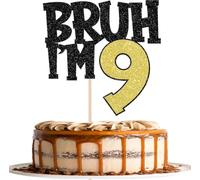 BRUH I'M 9 Cake Topper, Funny 9th Birthday Cake Topper, Black & Gold Glitter Birthday Cake Decoration, Pre Assembled Cardstock Cake Topper with Food Grade Paper Stick for Boys Girls