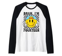 Bruh I'm Fourteen 14 14th Birthday Groovy Boys 14 Years Old Raglan Baseball Tee
