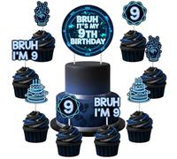 Bruh It’s My 9th Birthday Cake Toppers Set, 25pcs Blue Black Double-Sided Cupcake Toppers and 5.5×5.5in Round Cake Topper, Neon Style Bruh I’m 9 Decorations for 9th Birthday Dessert Table Setup