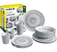 BRUNNER Melamine Dinner Crockery Set, Lunch Box, 16 Pieces, Camping Travel Plate, Mug, Stonetouch Pearl