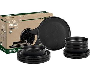 Brunner Odette Stonetouch Melamine Caravan Dinner Set, Anti Slip Outdoor Tableware Set, Lightweight Break Resistant Plates Bowls & Mugs - Motorhome, Campervan (Odette Double Black, 12 Piece Set)
