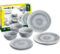 Brunner Camping Tableware Set Melamine 12 Pieces Plates and Bowls for 2-4 People Midday Pearl Shatterproof and Anti-Slip