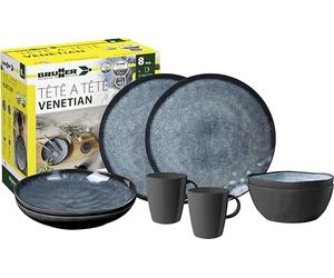 Brunner Stonetouch Melamine Caravan Dinner Set, Anti Slip Outdoor Tableware Set, Lightweight Break Resistant Plates Bowls & Mugs - Camping, Motorhome, Picnic Dining Set (Venetian, 8 Piece Set)