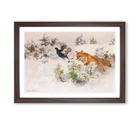 Bruno Liljefors Fox Chasing Bird Framed Print | A2 Walnut Framed Wall Art | Ready to Hang | Modern Animal Picture | Living Room Bedroom Lounge Office