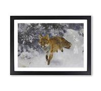 Bruno Liljefors Fox in The Snow Vol.4 Framed Print | A2 Oak Framed Wall Art | Ready to Hang | Modern Animal Picture | Living Room Bedroom Lounge Office