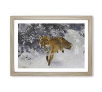 Bruno Liljefors Fox in The Snow Vol.4 Framed Print | A2 Oak Framed Wall Art | Ready to Hang | Modern Animal Picture | Living Room Bedroom Lounge Office