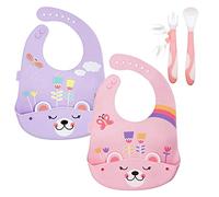 BRUNOKO 2 Pack Silicone Bibs + Baby Cutlery 3 in 1 - Waterproof, BPA Free, Pink, Unisex-Babies