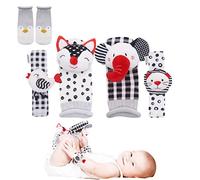 brunoko Baby Socks Set (6pcs, Infant): 3-in-1 - Wrist Rattles Toy + Foot Rattles Toy + Cute Animal Socks, Cotton, Multi-coloured, 0-12 Months