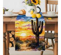 Brunt Orange Sunset Table Runner 13x60 Inches Long Watercolor Cactus Plant Desert Cotton Linen Table Runner Burlap Style for Dinner Table Party Decor Tabletop Decorations